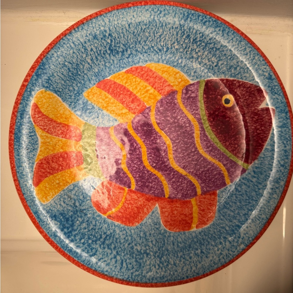 Ceramic Serving Dish, Hand Painted in Thailand, Multicolored Fish 10.5 X 10.5”
